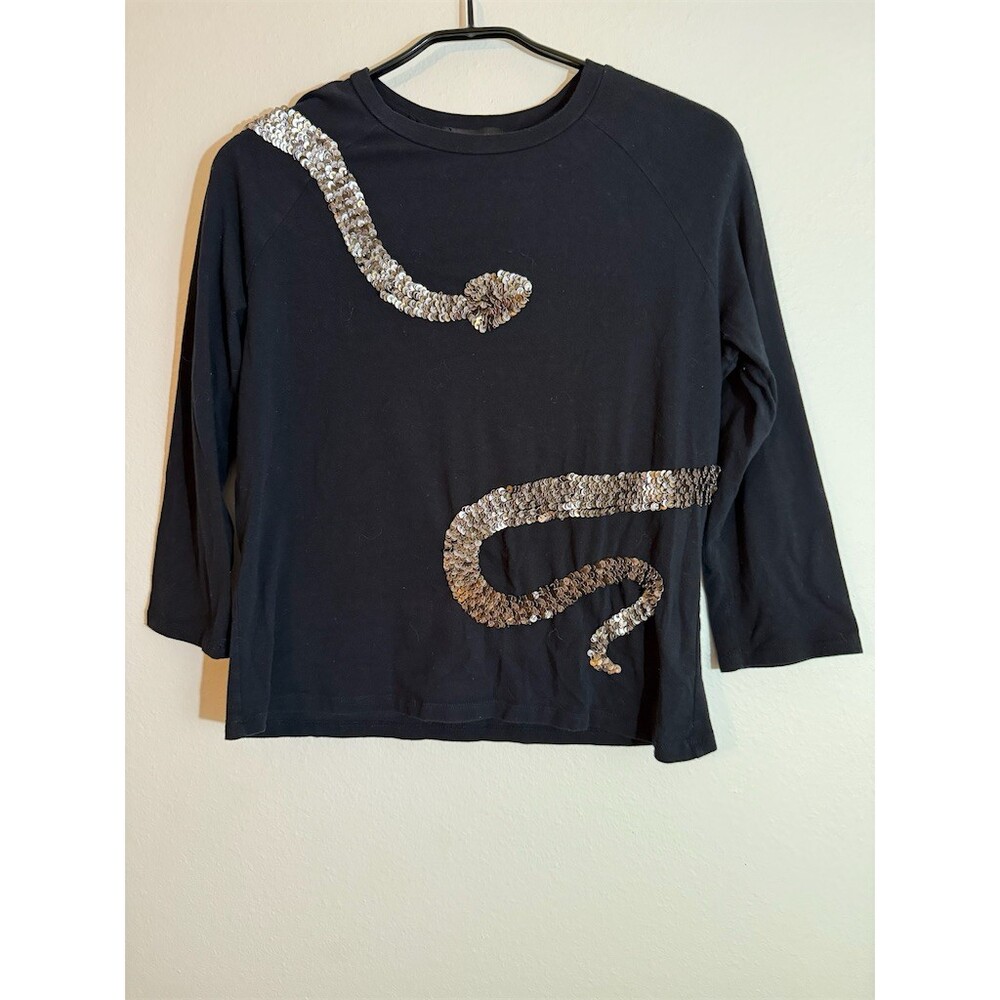 Ideology Top Womens M Black Metal Sequin Snake Embellished 3/4 Sleeve Crew Neck
